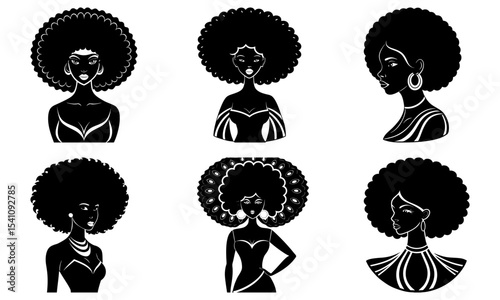 Silhouetted portraits of women with afro hairstyles in various poses and stylish attire are shown