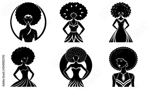 Silhouetted african american women with afro hairstyles in various poses and elegant dresses design vector