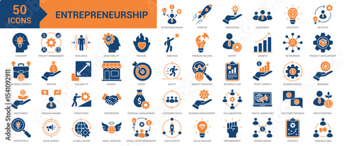 Entrepreneurship icon collection set. Containing innovation, leadership, creativity, initiative, visionary, business, agility, project management, opportunity, partnership icon. Simple flat vector