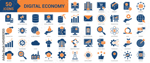 Digital Economy icon collection set. Containing ecommerce, global economy, network, big data, transaction, fintech, IoT, digital marketing, database, digital banking, payment icon. Simple flat vector