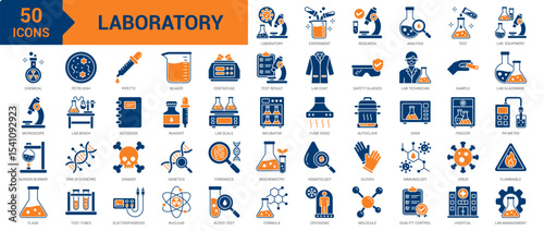 Laboratory icon collection set. Containing experiment, research, formula, analysis, test, equipment, chemical, microscope, bunsen burner, flask, petri dish, pipette, beaker icon. Simple flat vector