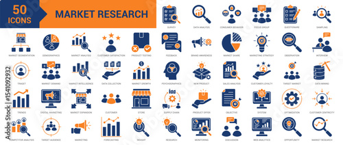 Market Research icon collection set. Containing analysis, consumer behavior, focus group, questionnaire, sampling, market segmentation, target, trends, competitor analysis icon. Simple flat vector