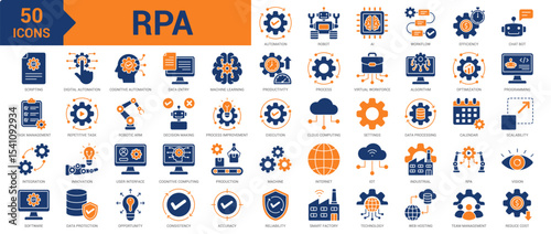 RPA icon collection set. Containing robot, automation, production, AI, workflow, efficiency, productivity, integration, industry, optimization, IoT, digital transformation icon. Simple flat vector