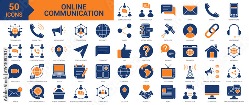 Online Communication icon collection set. Containing social media, conversation, message, email, smartphone, technology, video call, inbox, phone call, internet, connection icon. Simple flat vector