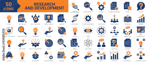 Research and Development icon collection set. Containing research, development, testing, new product, workflow, patent, concept, product development, innovation, idea, survey icon. Simple flat vector