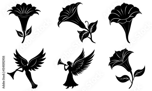 Silhouette illustration of datura flowers and angels with wings and trumpets in black and white