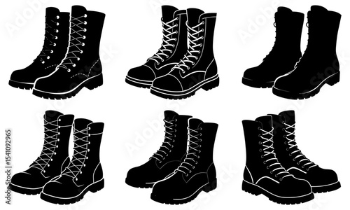 Illustration showing six pairs of black military style boots with white laces in various arrangements