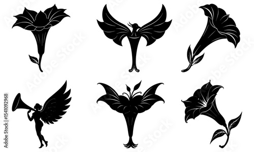 Silhouette illustration of datura flowers and winged figures in black and white arrangement design