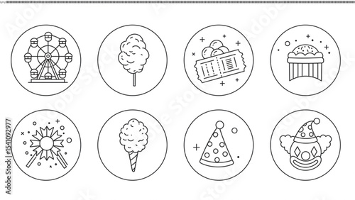Amusement Park Icon Collection: A curated collection of line-art icons capturing the whimsy of an amusement park experience. Each circular design embodies the spirit of fun and nostalgia.