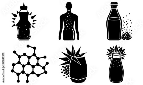 Collection of black and white icons depicting bottles, a body, and molecule structures shown here