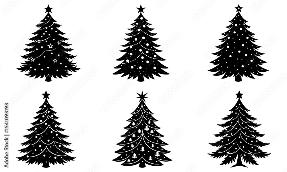 Obraz premium Collection of six stylized christmas trees with various decorations in black and white silhouette style