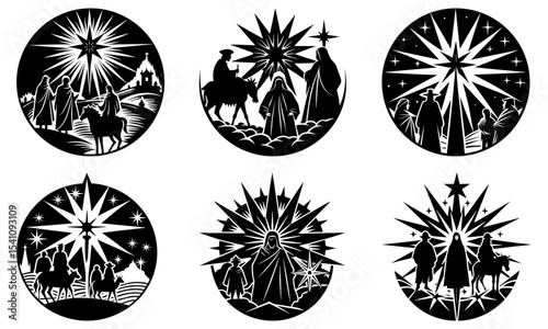 Six oval nativity scenes with wise men and stars in black and white silhouette illustrations style art 100 char