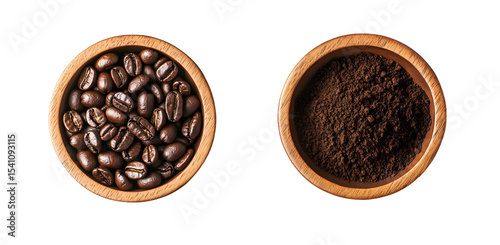 Coffee transformation: Whole beans and ground form in wooden bowls isolated on black