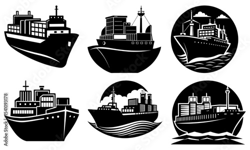 Collection of six stylized cargo ships and container vessels in black and white silhouette format