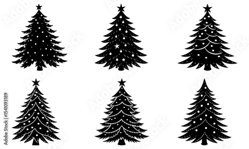 Collection of christmas trees with star toppers and decorative ornaments in black and white style art