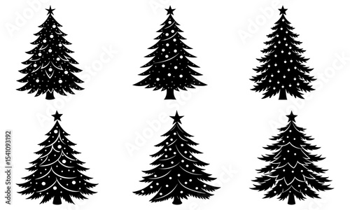 Collection of six stylized christmas trees with star toppers and decorative ornaments in black and white design