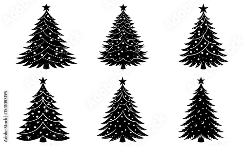 Illustration of six stylized christmas trees with stars and decorative elements in black and white color scheme