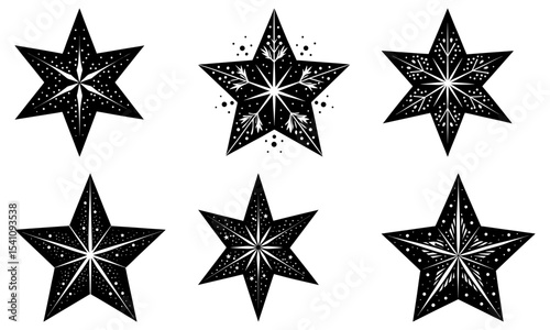 Collection of six black and white star illustrations with varying patterns and designs on a white background