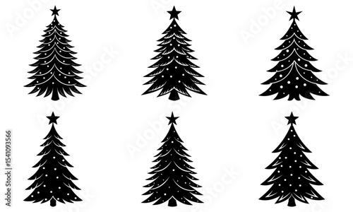 Illustration of six black christmas trees with star toppers and white ornaments on a white background