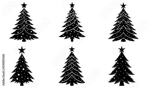 Illustration of six christmas trees with stars on top in black and white for holiday celebration