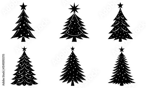 Silhouette illustrations of six christmas trees with stars and decorative dots in black and white design