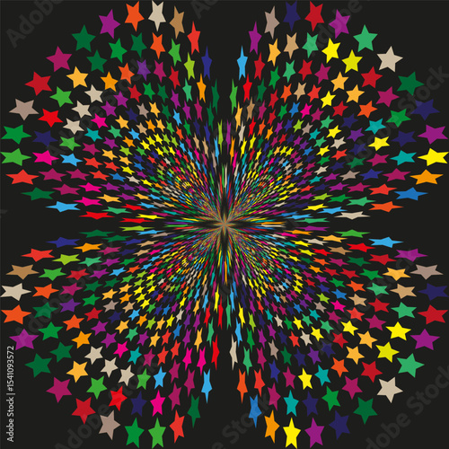 Multicolor star explosion. Abstract radiant shape. Vector optical pattern. Black contrast background.