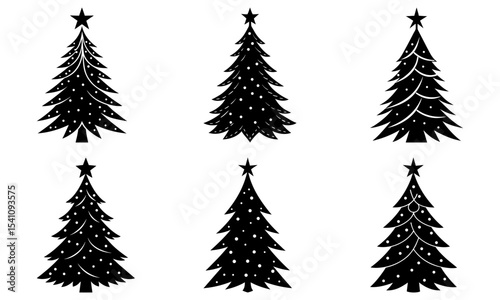 Collection of six black christmas trees with star toppers and white ornaments in a vector format