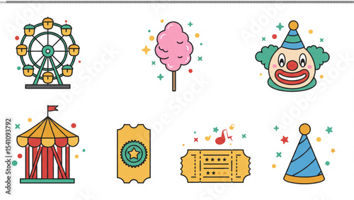 Funfair Icons: A delightful collection of whimsical icons captures the essence of a lively carnival atmosphere, perfect for illustrating the magic and joy of a funfair.