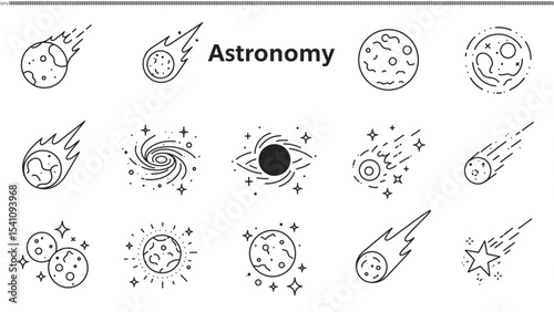 Astronomy Icons: A set of sleek, line art icons illustrating celestial phenomena and cosmic bodies, perfect for educational materials or space-themed designs.