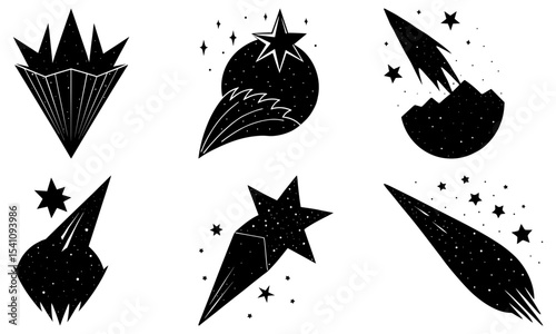 Illustration of various black and white celestial objects including stars and comets on a white background