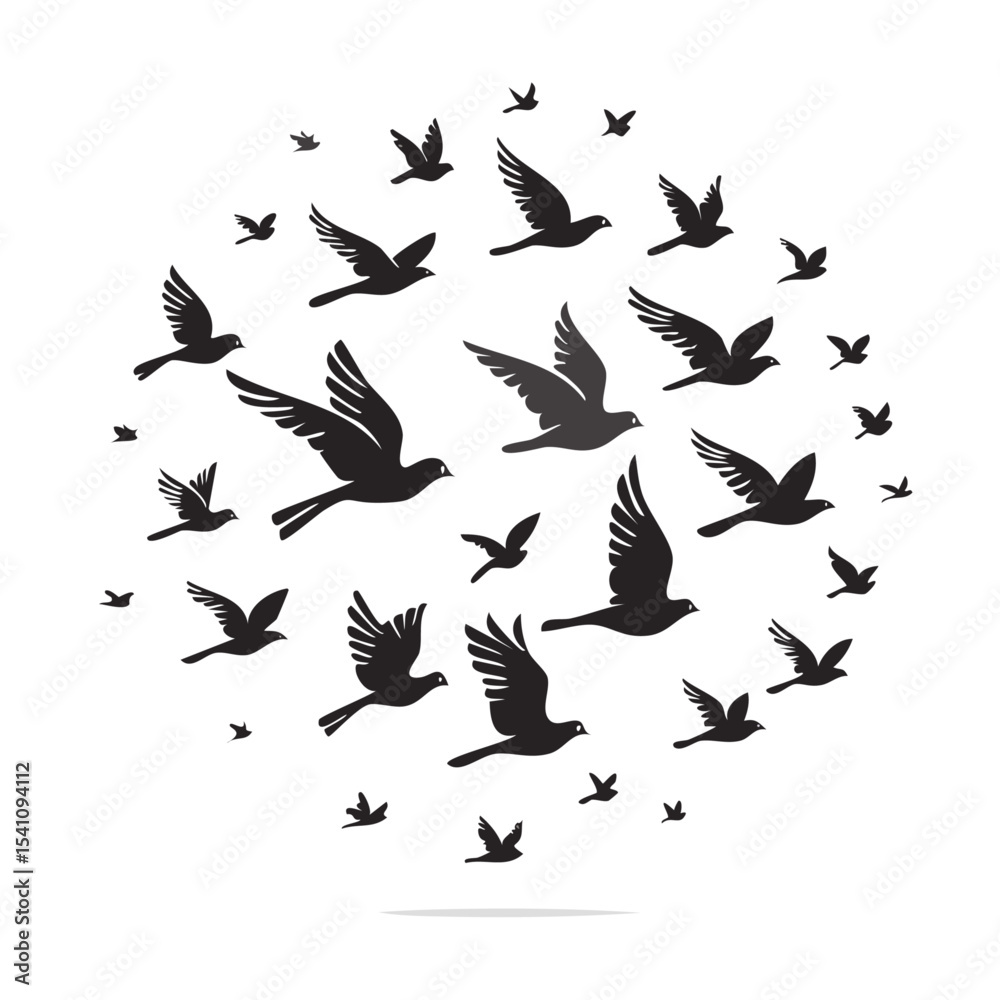 Fototapeta premium Flying Birds Silhouette Vector Illustration – Black and White Bird Silhouettes in Flight for Nature and Wildlife Design