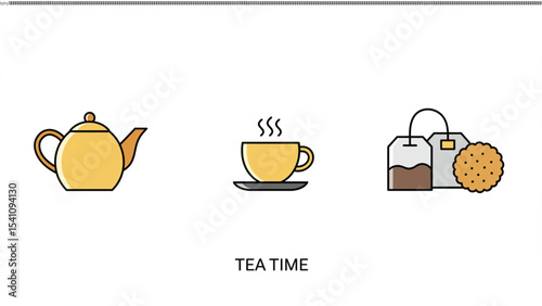 Tea Time Icon Set Kettle, Cup, Tea Bag, and Biscuit Illustration