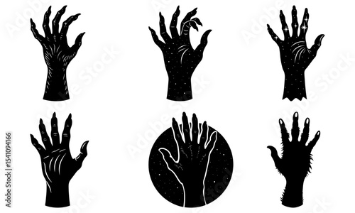 Illustrative depiction of six stylized hands with varying designs and textures in black and white tones