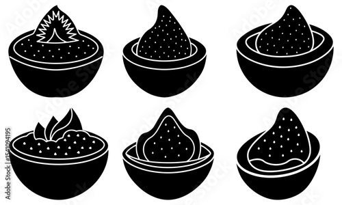 Collection of six stylized black and white ice cream desserts in decorative bowls illustration