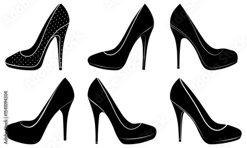 Collection of six black high heel shoes in various styles and designs on a white background fashion illustration