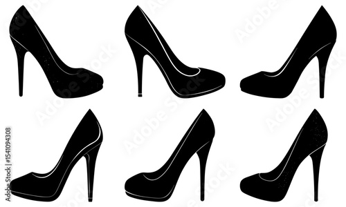 Illustration of six black high heel shoes arranged in a pattern on a white background showcasing fashion