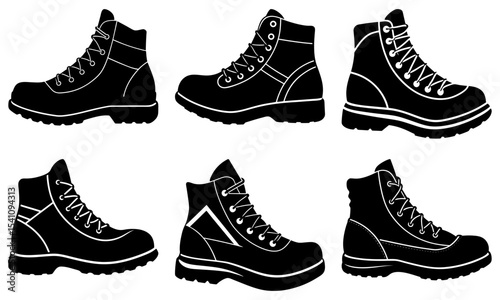 Collection of six black and white silhouette images of lace up boots in various styles and designs