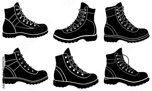 Silhouette illustration of six black laced boots in various styles and orientations on a white background