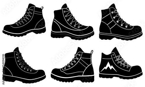 Illustration of six black and white hiking boots with laces and rugged soles in various designs and styles