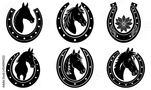 Collection of six horseshoe designs with horse heads and floral elements in black and white vector art