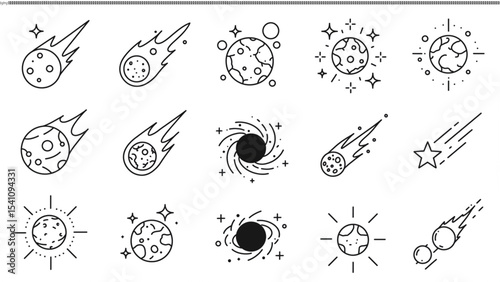 Celestial Bodies Line Art Icons Planets, Comets, Stars, and Galaxies