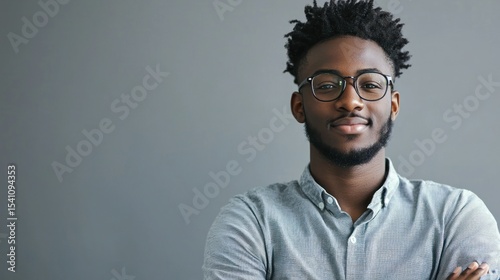 A young man with dreadlocks wearing glasses, standing against a gray background with his arms crossed.