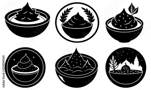 Collection of six black and white dessert bowls with various toppings and decorative elements in oval frames