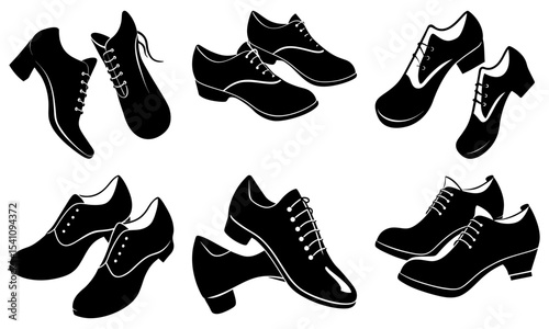 Collection of black and white footwear including dress shoes and heeled shoes in various styles shown