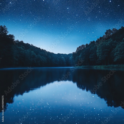 Starry night over tranquil lake and forest.