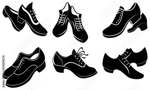 Illustrative display of six pairs of women's heeled shoes in a black and white vector format