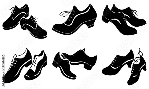 Silhouette illustration featuring an assortment of stylish footwear designs in black and white tones