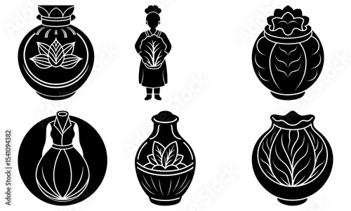 Stylized black and white illustration of a chef and a collection of decorative vases and bottles