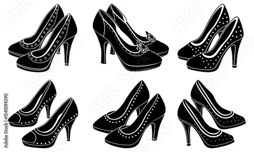 Collection of six black high heel shoes in various designs and styles on a white background display art