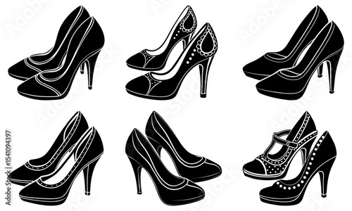 Illustration of six pairs of high heel shoes in black and white with various designs and embellishments